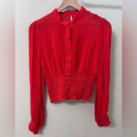 Free People Tops - Free People Smocked Long Sleeve Crop Top Red Swiss Dot, Sz Small